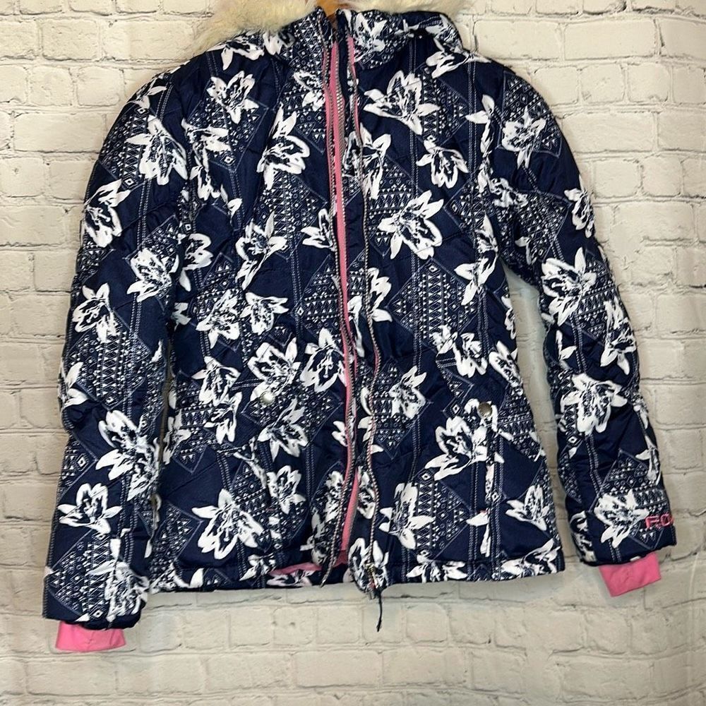 London Fog Girls Blue White Jacket Faux Fur Hood Thumbholes size L 14-16